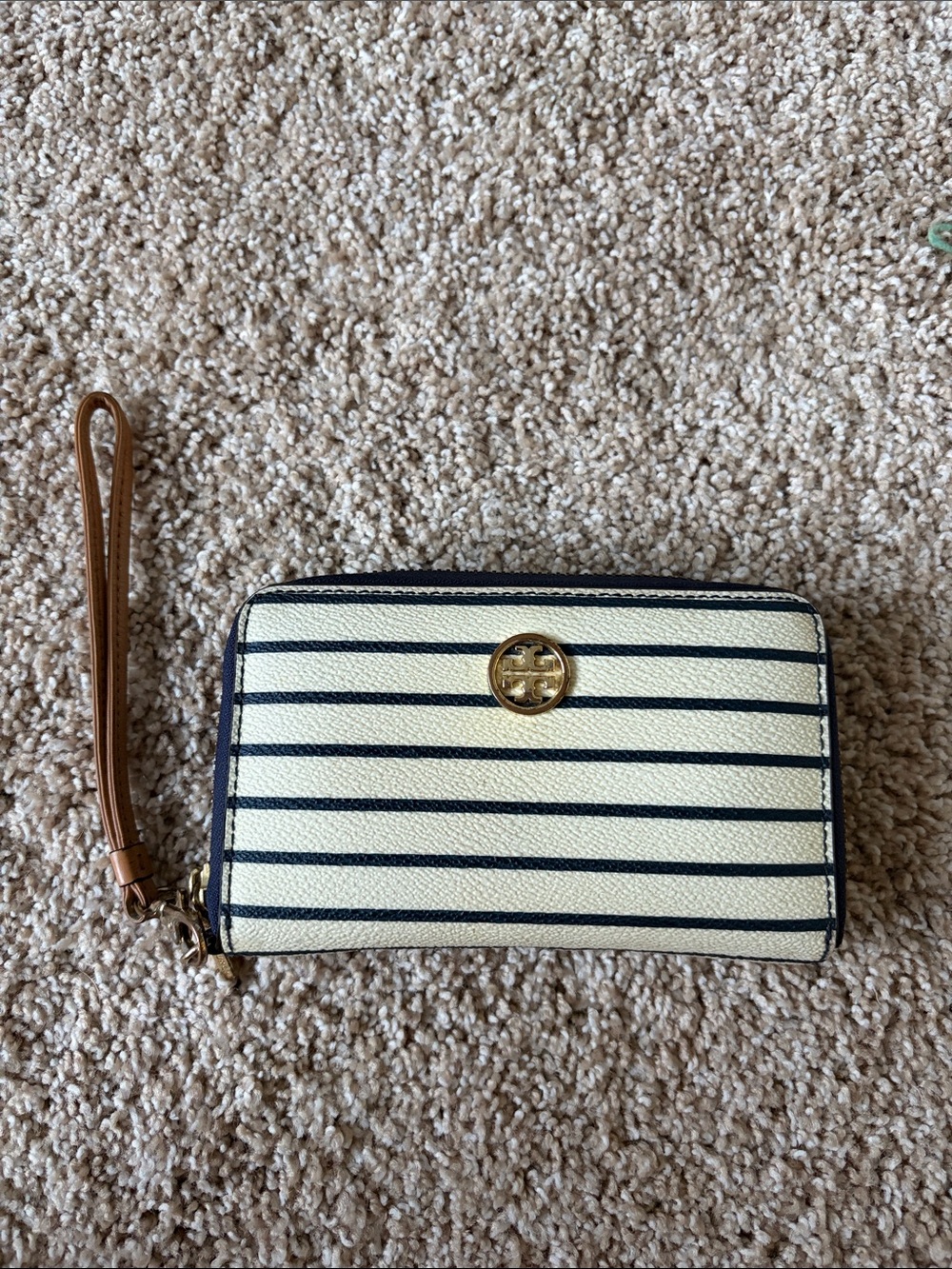 Tory Burch Cream and Navy Striped Wristlet Wallet with Tan Strap